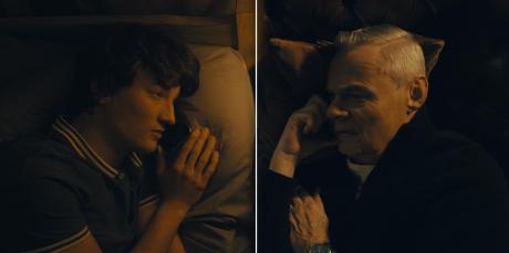 Osian Morgan as Ryan Davies and Martin Clunes as Huw Edwards in Power: The Downfall of Huw Edwards