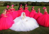 Bridget the fairy-tale bride, surrounded by her retinue of bridesmaids