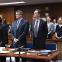 Colin Firth (centre) as Michael Peterson, Michael Stuhlbarg (left) as David Rudolf and Justice Leak as Tom Maher